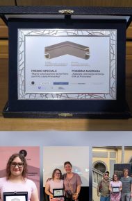 La targa del premio speciale «Miglior valorizzazione del territorio» del 5° Palio cinematografico studentesco e, sotto, tre foto della studentessa premiata con la targa in mano.